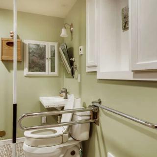 An accessible bathroom with grab bars and green walls.