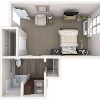 A 3D floor plan of a small apartment featuring a bedroom and attached bathroom.
