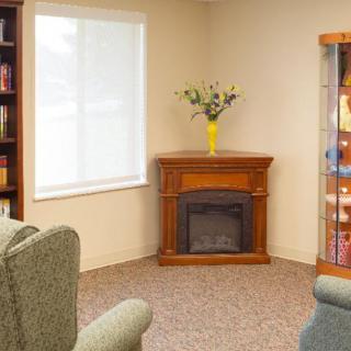 A cozy living room corner featuring a fireplace, bookshelf, and a vase with flowers.