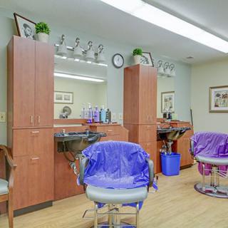 A well-equipped hair salon with wooden cabinets, mirrors, and styling chairs covered in purple.