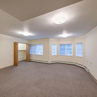 An empty room with carpet flooring, multiple windows, and ceiling lights.