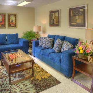 A cozy living room featuring blue sofas, a wooden coffee table, and decorative artwork on the walls.