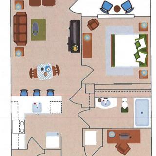 A detailed floor plan illustrating a layout with a living room, bedroom, kitchen, and bathroom.
