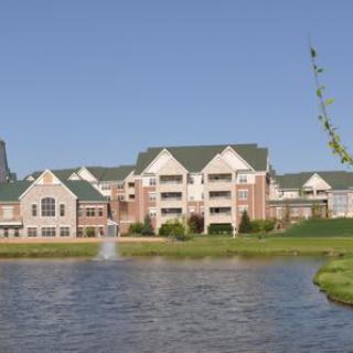 A picturesque view of a residential complex with green roofs by a lake, featuring a fountain.