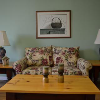 A cozy living room with a floral-patterned sofa, wooden coffee table, and decorative lamps.