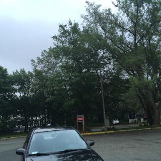 A view of a parking area with a black car and overcast skies.