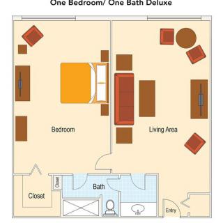 A floor plan of a one-bedroom, one-bath deluxe apartment with a living area.