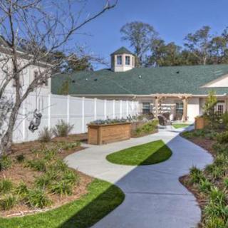 A scenic walkway leads through a well-maintained garden in a residential area.