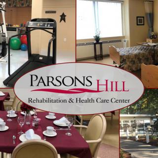 Collage of Parsons Hill Rehabilitation & Health Care Center showcasing various facilities including a dining area and exercise equipment.