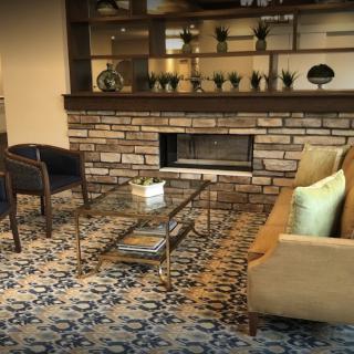 A cozy living room with modern furniture, featuring a fireplace and well-decorated shelves.