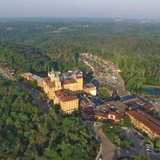Aerial view of a resort surrounded by lush greenery and forested areas.