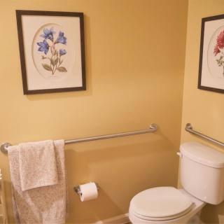 A well-organized bathroom with framed artwork on the walls and a towel hanging neatly on a rail.