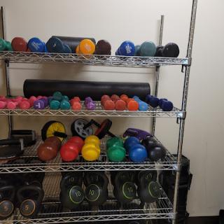 A well-organized shelf displaying various fitness equipment including weights and medicine balls.