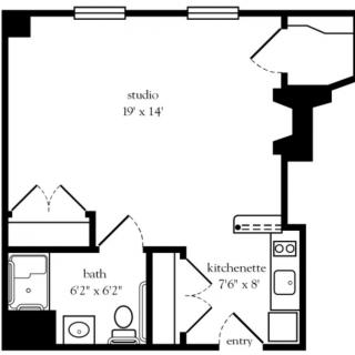 A floor plan of a studio apartment featuring a main living area, kitchenette, and bathroom.