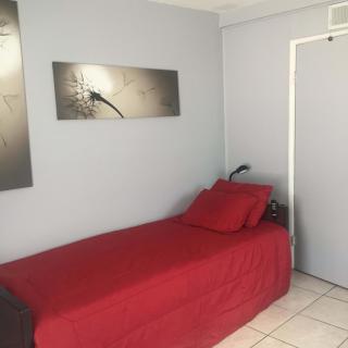 A minimalist bedroom with a single bed covered in red bedding and modern art on the walls.