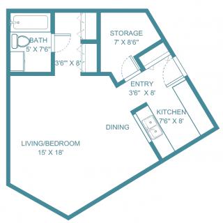A floor plan of a one-bedroom apartment featuring a living room, kitchen, dining area, bathroom, and storage space.