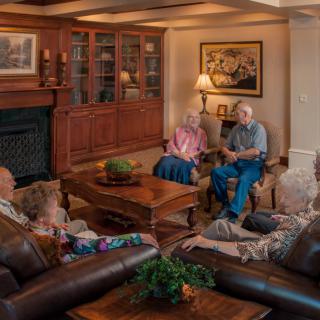 A group of elderly people sitting in a cozy living room, engaged in conversation.