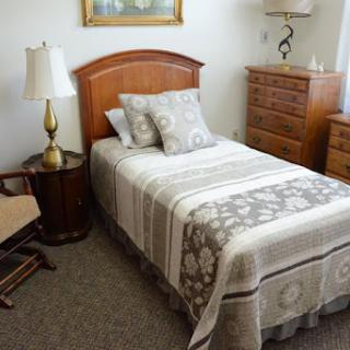 A cozy bedroom featuring a single bed with decorative pillows, complemented by wooden furniture.