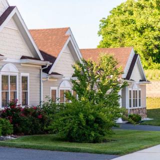A row of suburban houses with well-maintained landscaping and driveways on a sunny day.