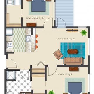 A floor plan of a two-bedroom apartment featuring a living room, kitchen, and bathroom.