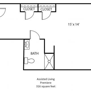 Assisted living premises floor plan featuring a room with two closets and a bathroom, measuring 116 square feet.