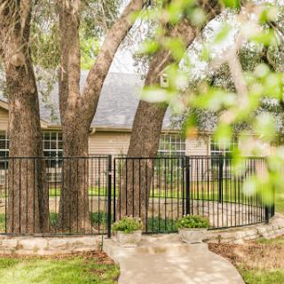 A serene backyard featuring a pathway leading to a fenced area surrounded by mature trees.