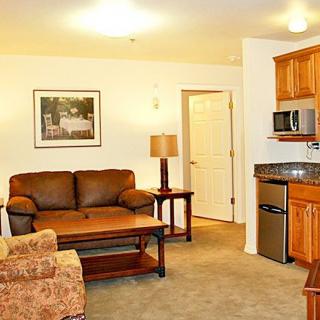 A cozy living area with a sofa, armchair, and kitchenette under warm lighting.