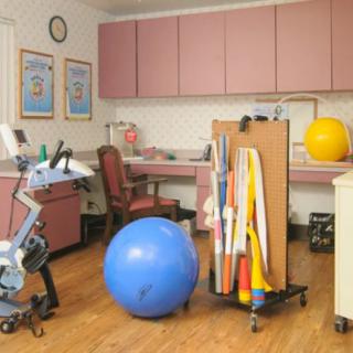 A physical therapy room equipped with various exercise tools and office furniture.