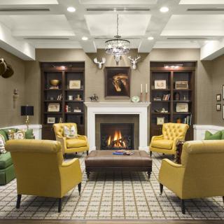 A cozy living room with a fireplace, surrounded by bookshelves and stylish armchairs.