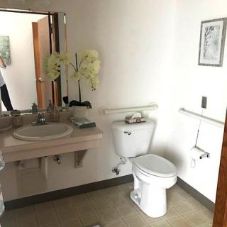 A clean bathroom with a toilet, sink, mirror, and decorative flowers.