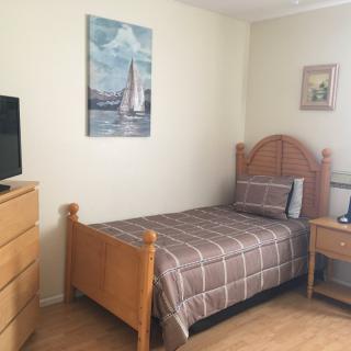 A cozy bedroom with a single bed, dresser, nightstand, and wall paintings.