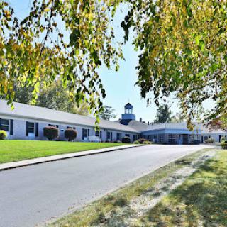 A peaceful view of a building surrounded by greenery and a clear sky.