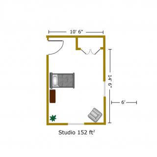 Floor plan of a compact studio apartment measuring 152 square feet.