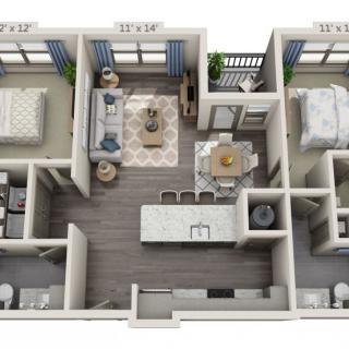 A 3D rendered floor plan of an apartment featuring two bedrooms, a kitchen, living room, and dining area.