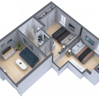 3D rendered floor plan of a modern two-bedroom apartment.