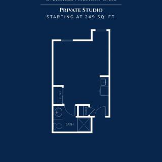 Floor plan of a private studio apartment starting at 249 sq. ft.