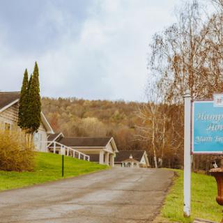 A peaceful rural scene featuring a winding road leading to quaint buildings amidst nature.