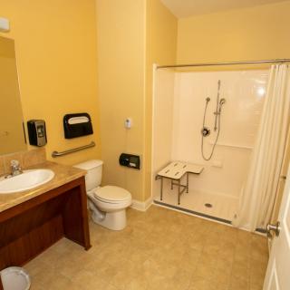 Accessible bathroom with a shower chair and grab bars.