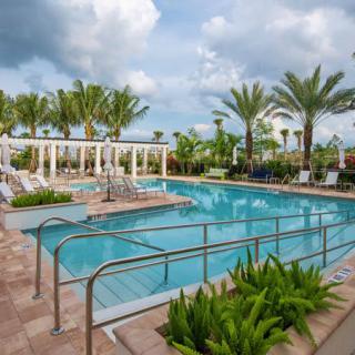 A serene outdoor swimming pool area surrounded by palm trees and lush greenery under a cloudy sky.