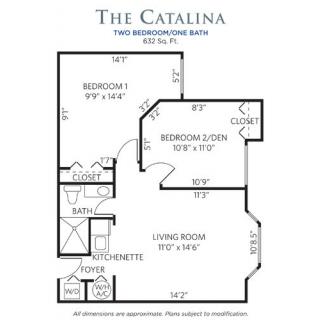 Floor plan of 'The Catalina' two-bedroom, one-bath apartment totaling 837 square feet.