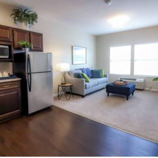 A modern apartment with an open floor plan featuring a cozy living room and compact kitchen.
