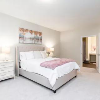 A modern and elegantly designed bedroom with a large bed, bedside tables, and stylish decor.