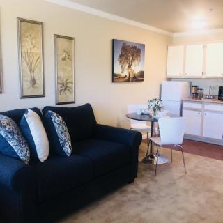 A cozy living room with a dark sofa, decorative pillows, small kitchenette, and artwork on the walls.