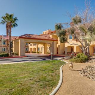 A sunny day at a residential building entrance surrounded by palm trees and landscaped grounds.