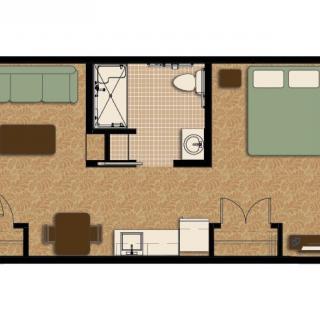 One-bedroom apartment floor plan including kitchen, bathroom, and living area.