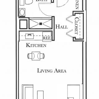 A floor plan of a studio apartment showcasing the layout of a living area, kitchen, bathroom, and closet.