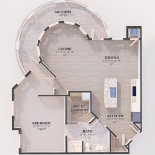 A detailed floor plan of an apartment featuring a living room, kitchen, dining area, and bedroom.