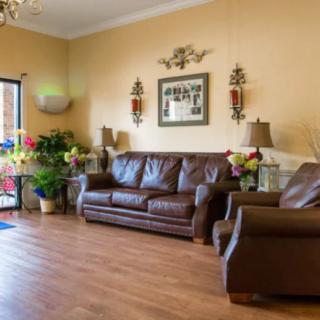 A cozy living room with a leather sofa, armchair, and decorative elements like plants and wall art.