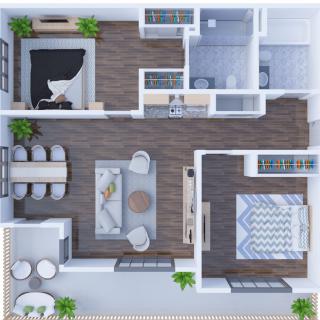 A detailed floor plan of a modern two-bedroom apartment featuring a living room, kitchen, dining area, bathroom, and balcony.