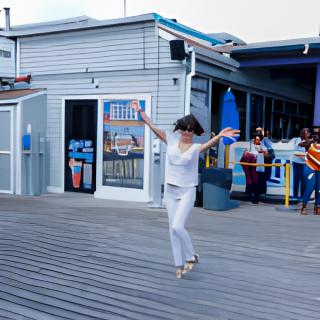 A person dancing joyfully on a boardwalk in front of a restaurant.